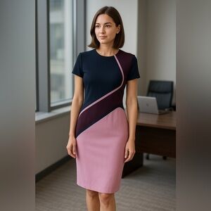 Hugo Boss Colorblock Sheath Dress Size 8 | Navy Plum Pink | Made in Bulgar